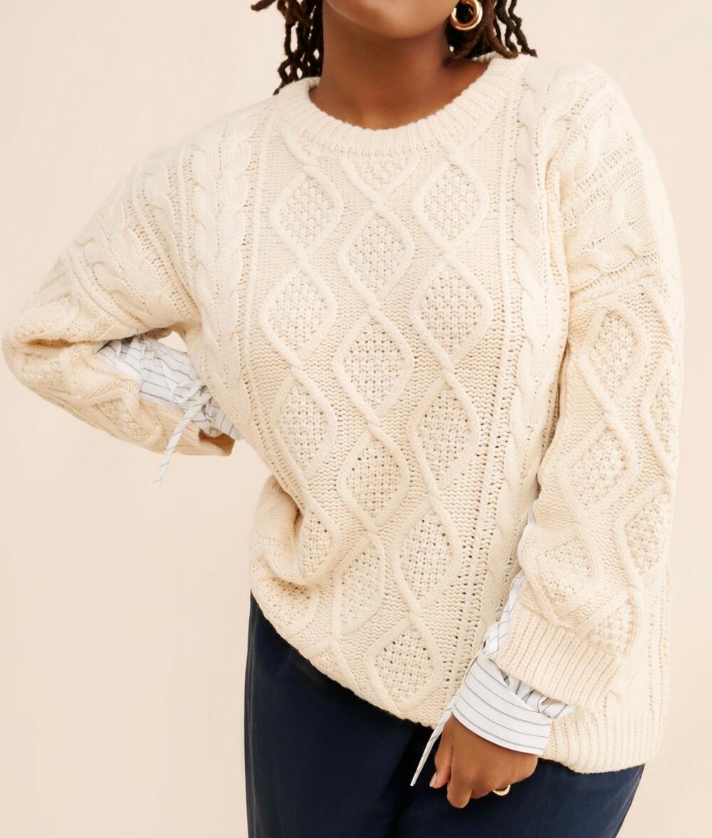 Moon River Cable Knit Sweater M Cream Striped Layered Sleeve Pullover